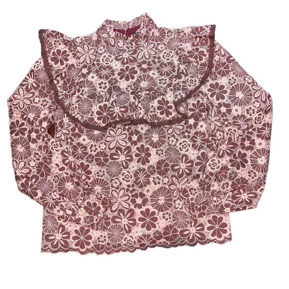 NWOT VICI Champagne & Strawberry Pink Change Is Beautiful Ruffle Lace Top Small - Picture 7 of 13